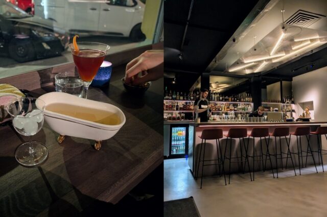 Collage aus zwei Bildern: links Cocktails und rechts Blick auf den Thresen in der Cocktailbar DashXDrop im 1. Bezirk in Wien