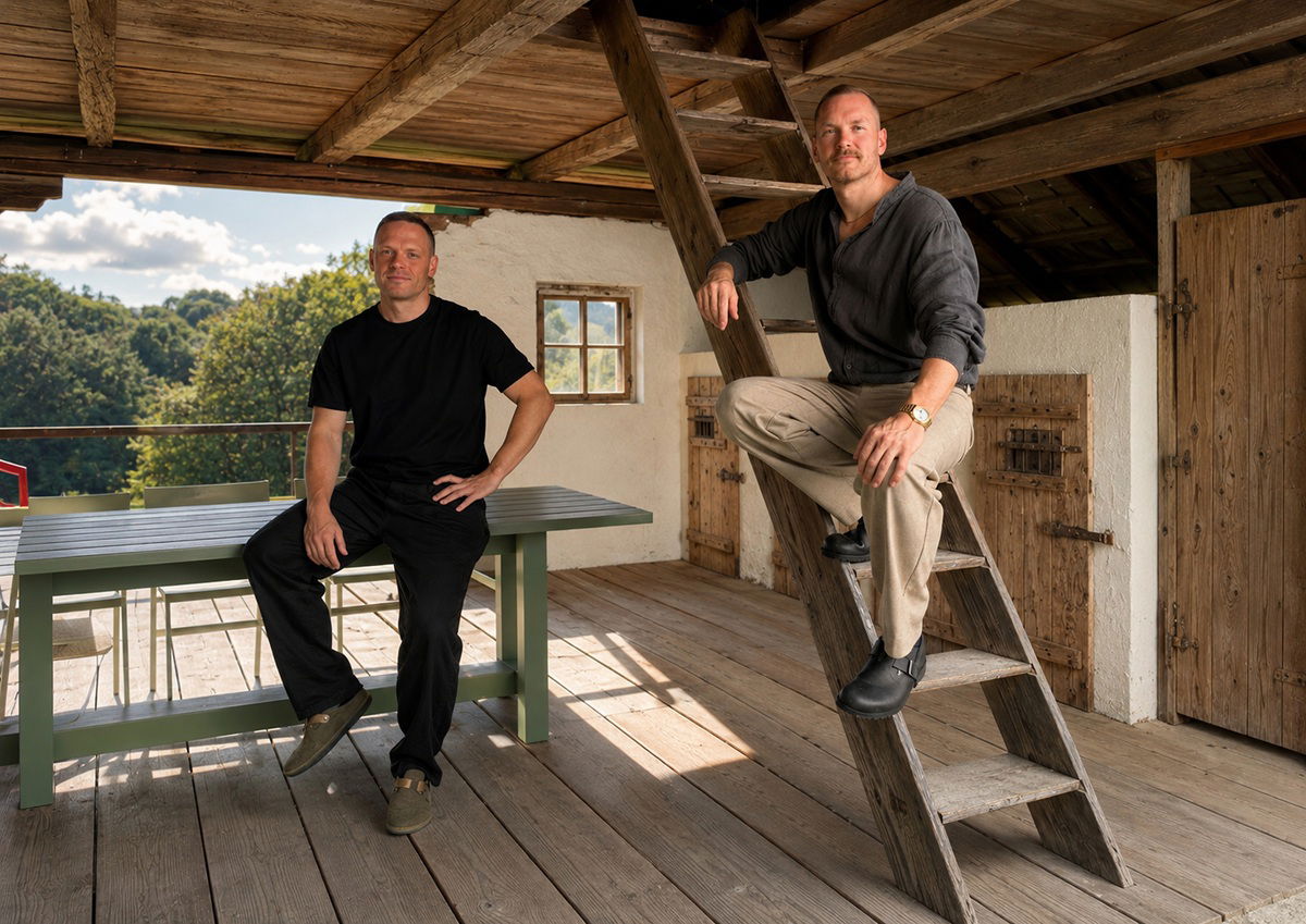 Thomas Hahn und Gerald Röhrling sitzen auf Möbeln in ihrem Gut Minihof im Südburgenland