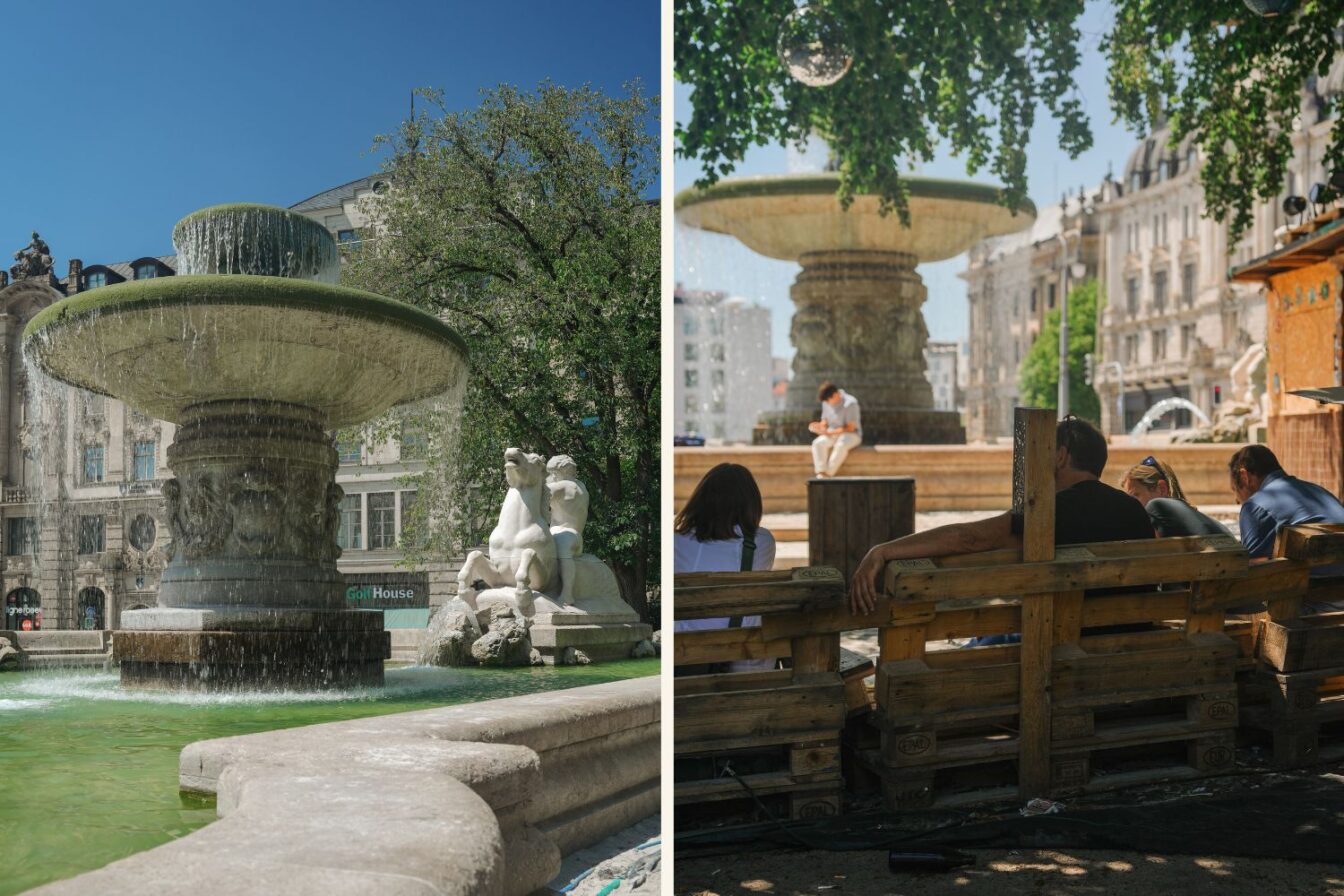 Perfekt zur Hitzeflucht: Am Wittelsbacher Brunnen in München gibt es den Kulturstrand Maximilianstrand zum Entspannen und Drinks schlürfen bei Live-Musik.