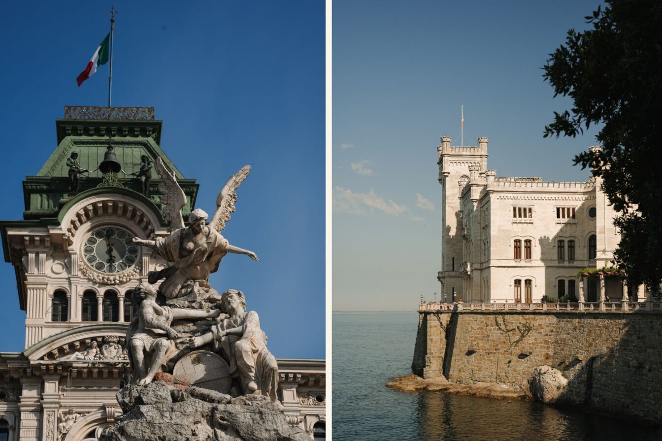 Links Piazza Unità d'Italia in Triest und rechts das Schloss Miramare in Triest. 