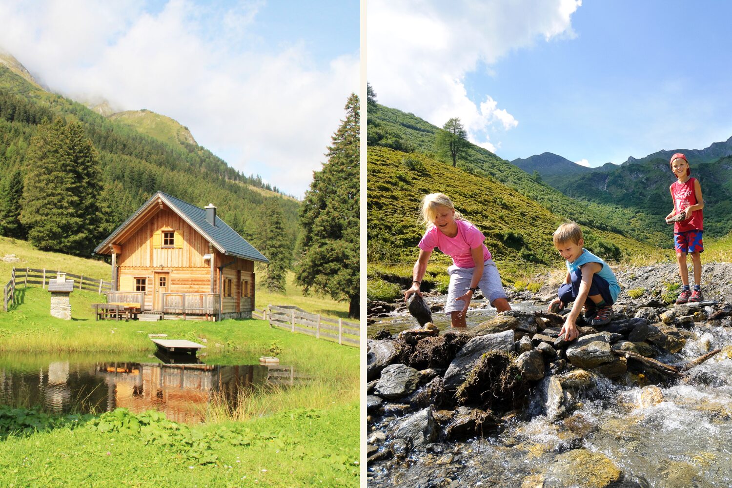 Collage mit Almhütte und Kindern. die spielen