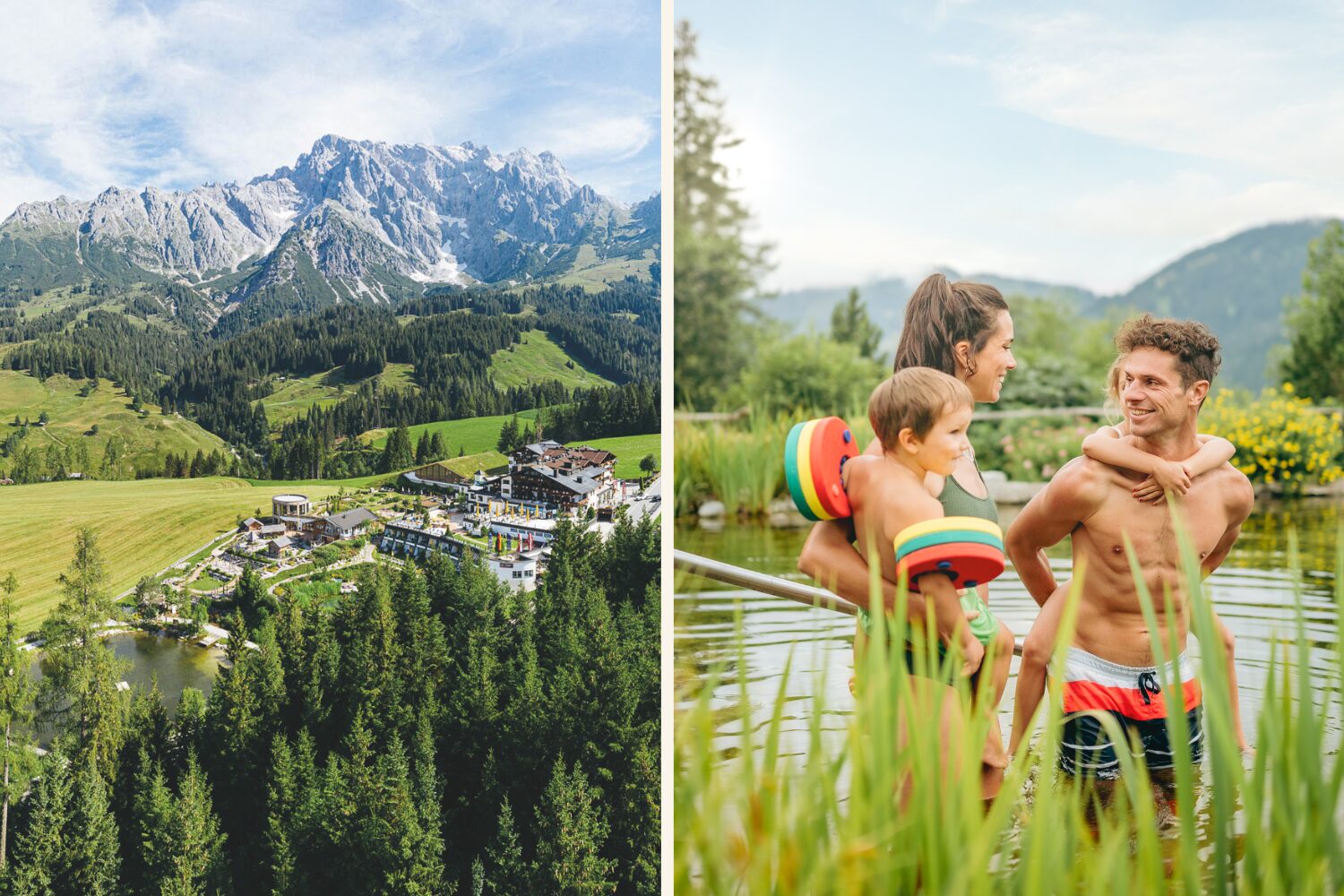 Collage mit Hotel in den Salzburger Alpen links und Famiien in Pool in Natur rechts