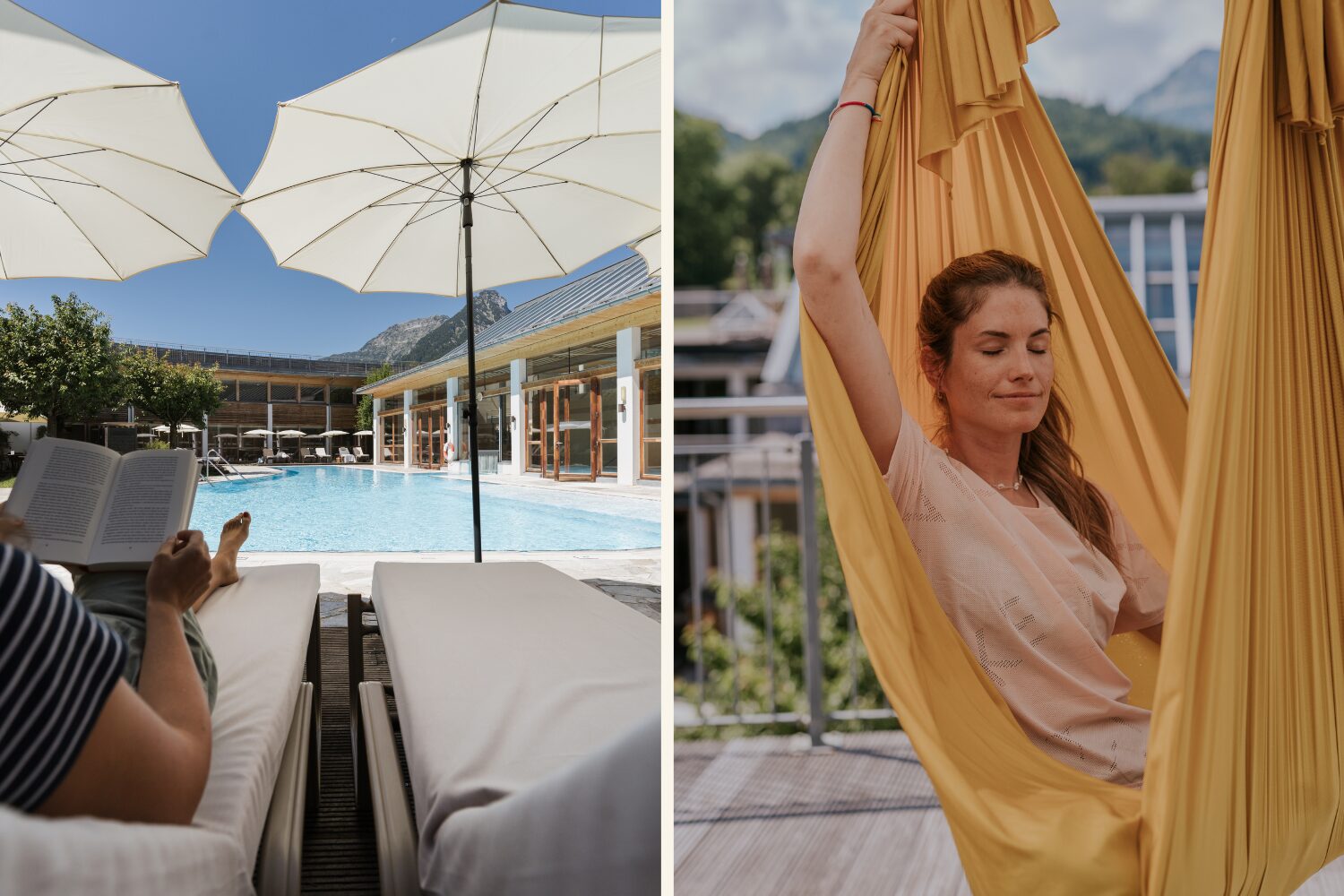 Colalge mit Personen im Wellnesshotel lesend und entspannend auf Liege