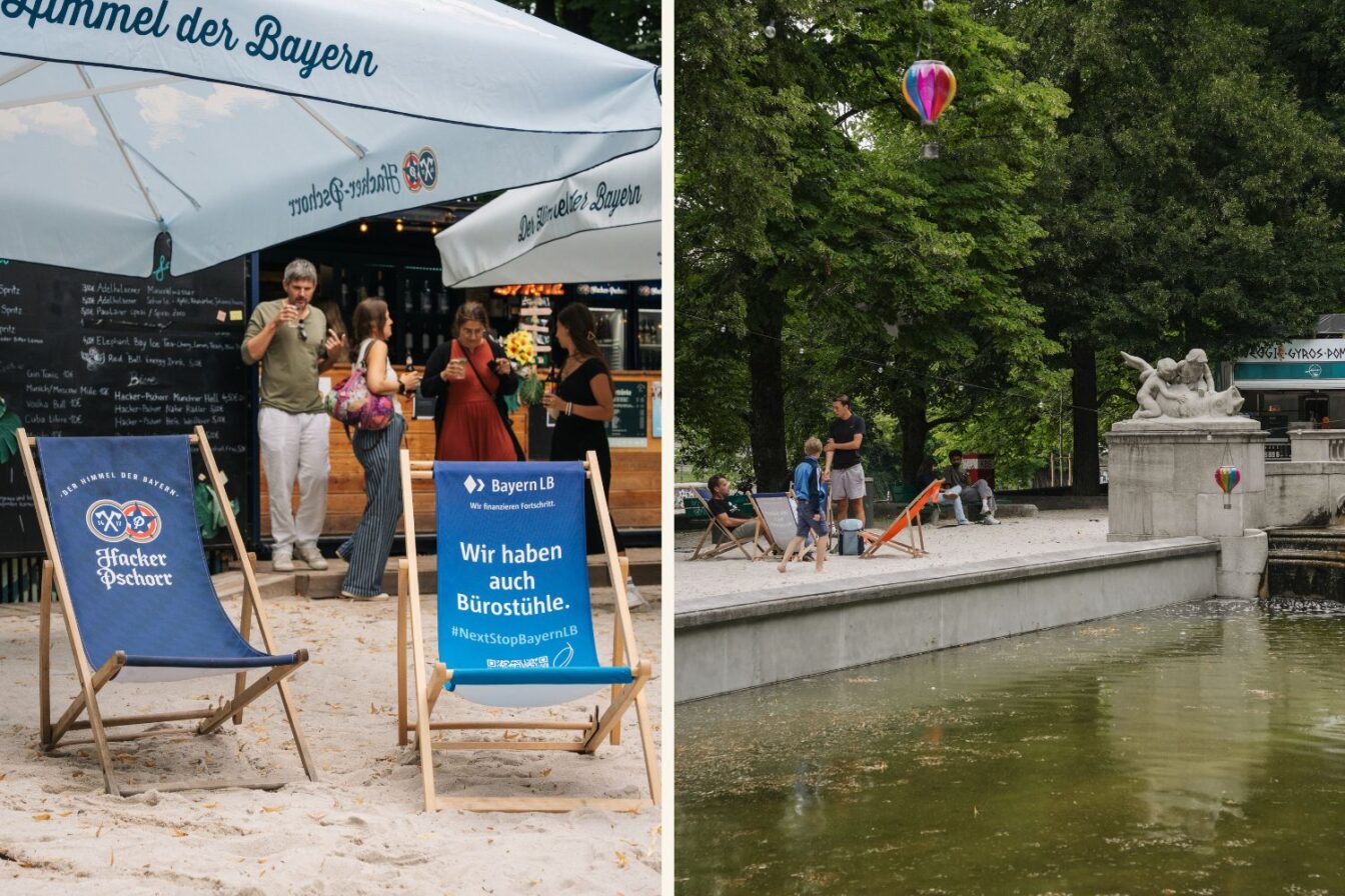 Am Kulturstrand an der Ludwigsbrücke in München können Münchner*innen im Liegestuhl entspannen und es gibt Live-Musik.