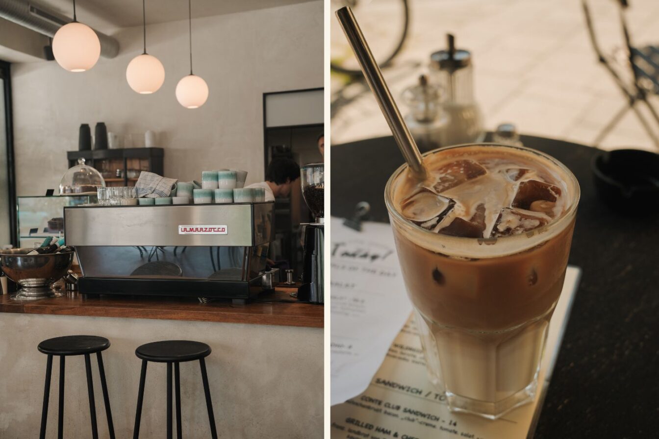 Hitzeflucht in München: In der tagesbar caffè conte gibt es Iced Coffee von Hausbrandt.