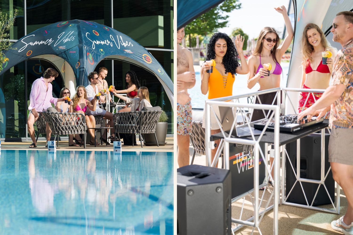 Collage mit zwei Bildern vom Afterwork "Summer Vibes" in der Therme Wien. Menschen in Badekleidung feiern mit Cocktails am Pool und tanzen beim DJ Pult.