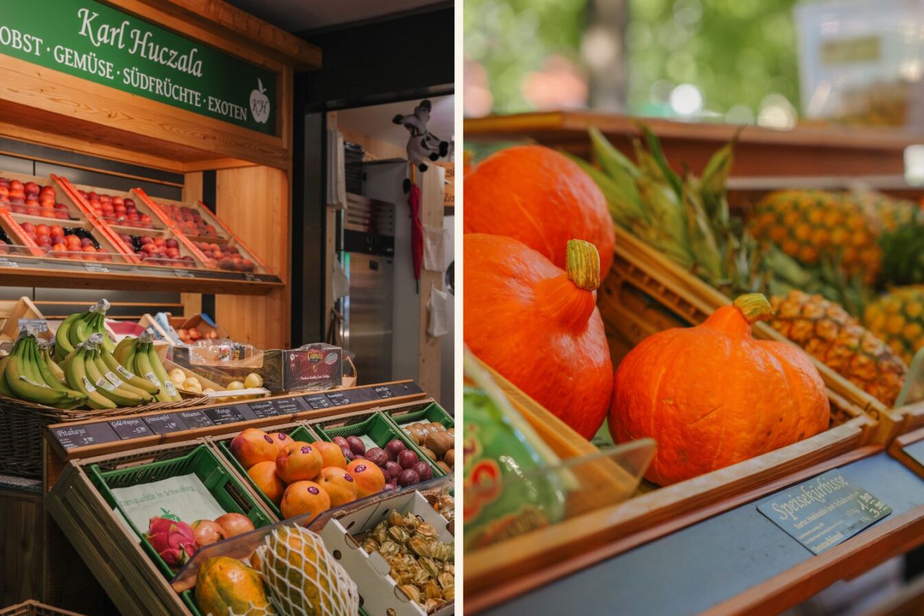 Am Elisabethmarkt in München in Schwabing kann man am Gemüsestand frisches Obst und Gemüse kaufen bei Karl Huczala.