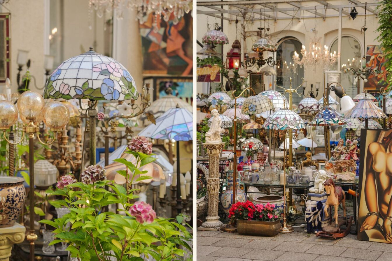 Im Antiquitäten-Laden Kunst Oase in Schwabing in München lassen sich originelle Schätze, wie Lampen, Möbel, Spiegel und Kornleuchter entdecken.