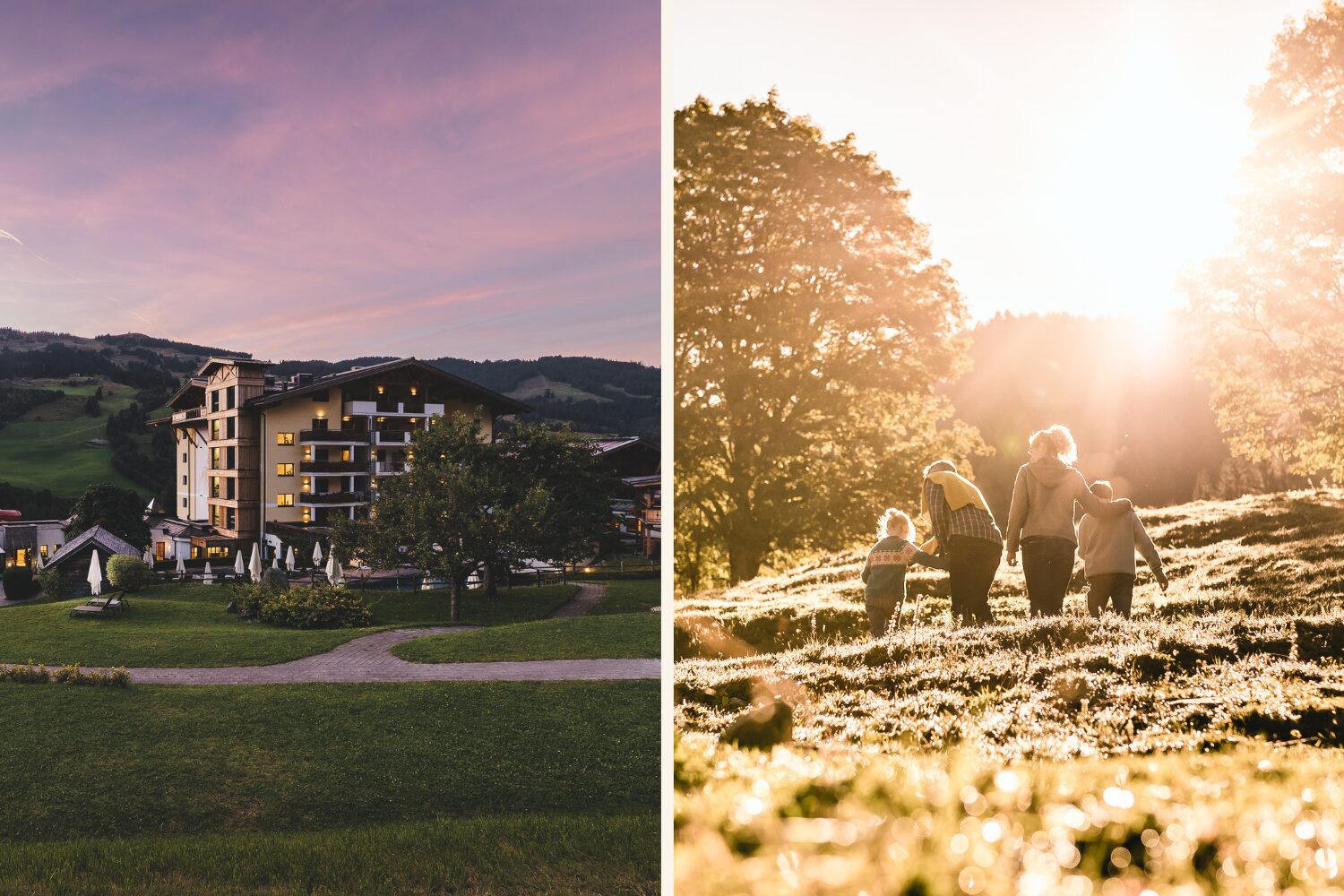 Collage com Ellmauhof einmal abends von außen und einmal Familie beim Sonnenuntergang am Feld