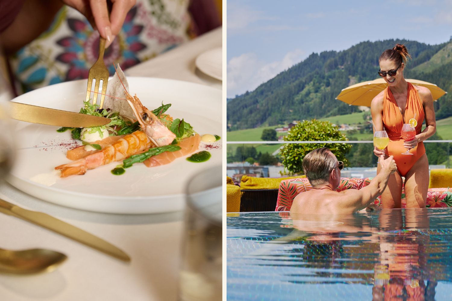 Collage mit Fotos vom noa Schladming Hotel mit Pool und Restaurant