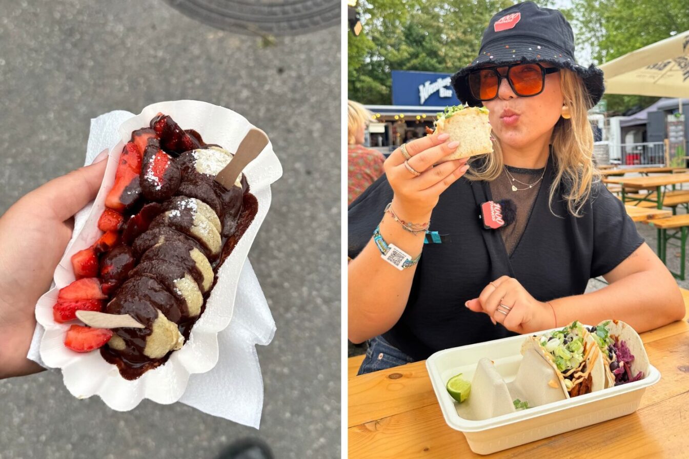 Essen am Frequency Mini Pancakes mit Schokosauce und Erdbeeren. Vegane Mini Tacos von Planted