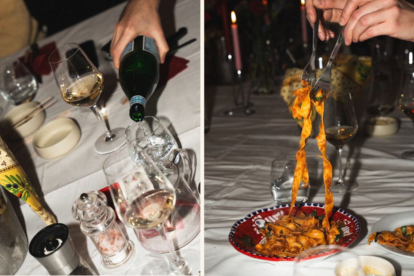 Wein wird nachgeschenkt und Tagliatelle serviert