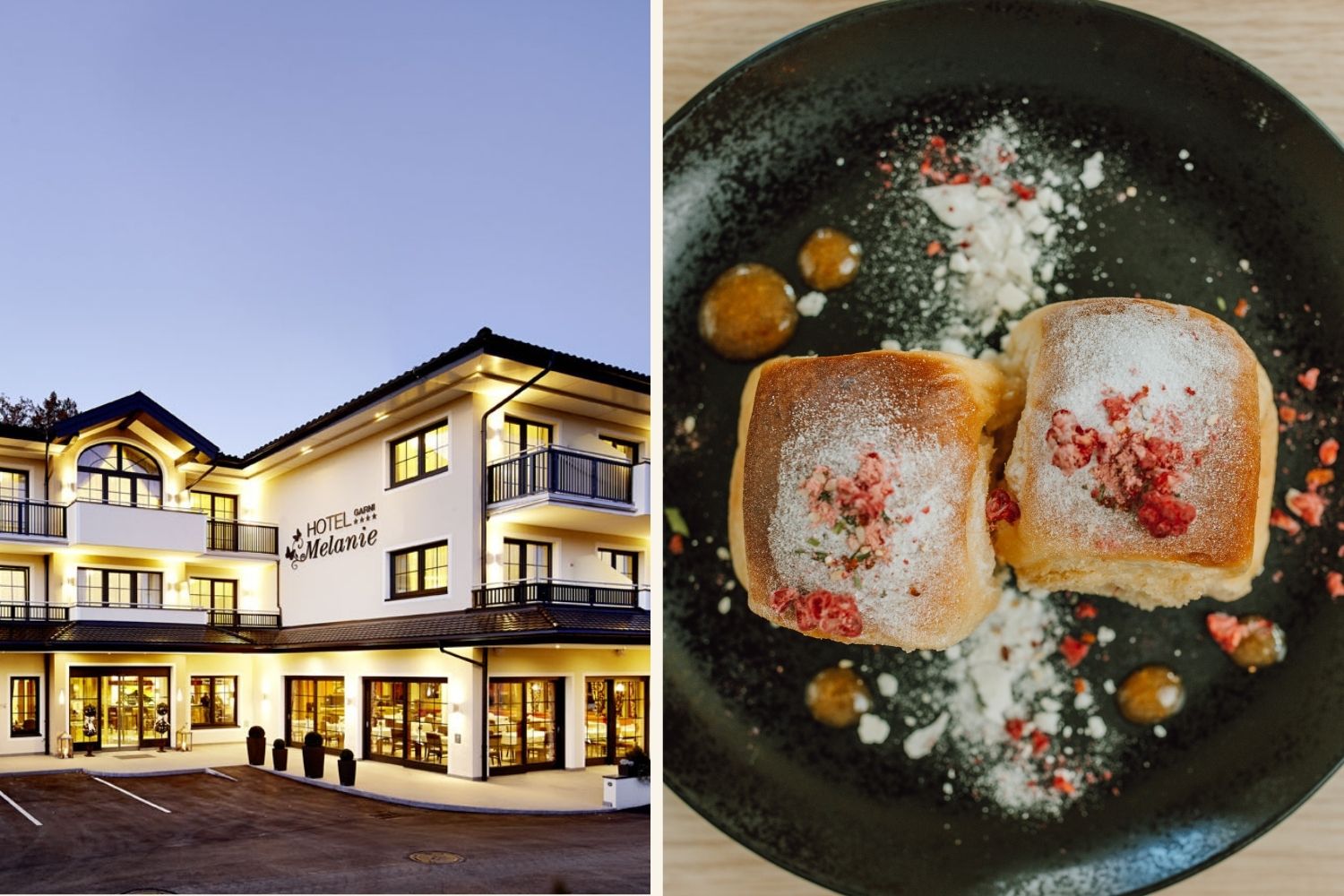 links das Hotel Melanie bei Nacht, rechts die Buchteln im Das Kaffeehaus in Salzburg