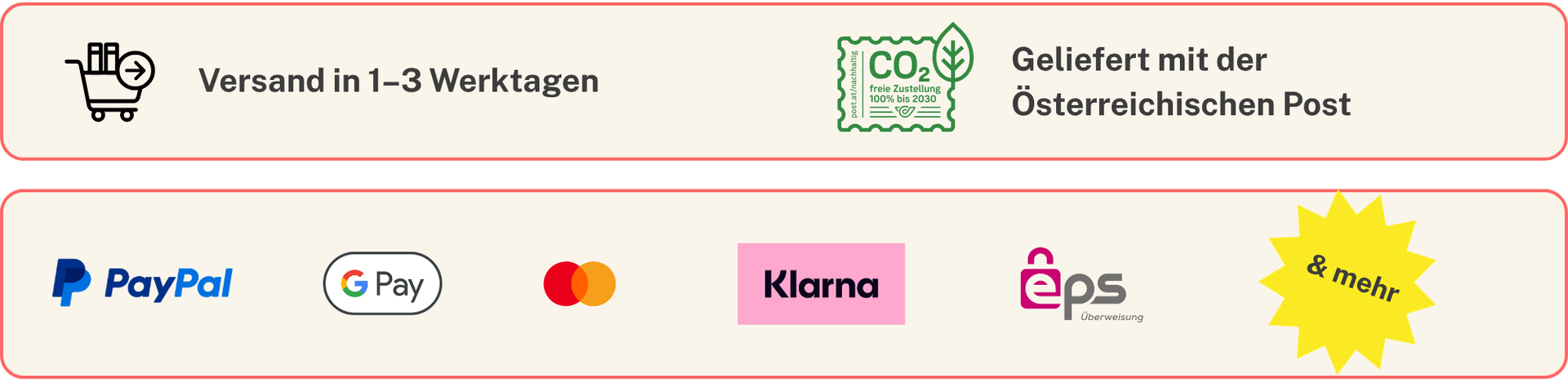 Grafik zu Versand & Bezahlung: Versand in 1–3 Werktagen mit der Österreichischen Post; darunter Logos von PayPal, Google Pay, Mastercard, Klarna, eps und ‚& mehr‘.