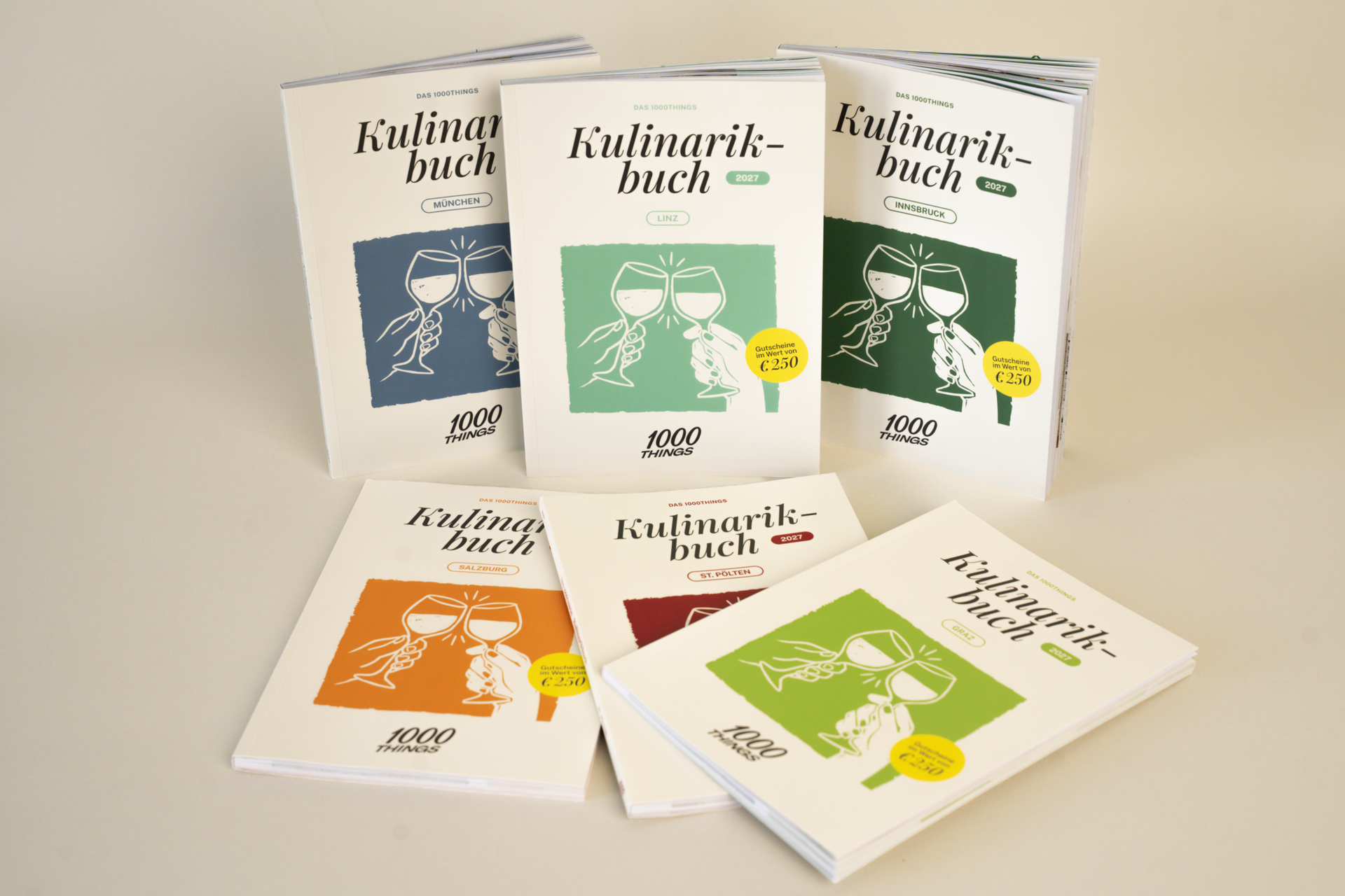 Unsere 1000things Erlebnisbücher 2027 für Wien, Linz, Graz, Salzburg, St. Pölten, Innsbruck & München