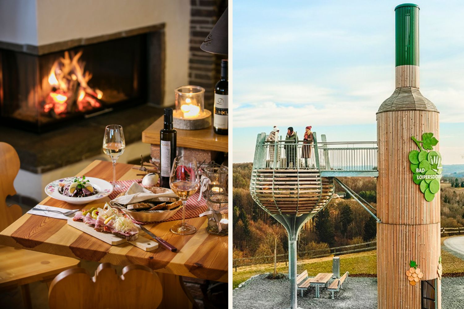 Collage von einer Buschenschank und Österreichs größter Weinflasche auf dem Wein-Erlebnis-Weg Bad Loipersdorf.