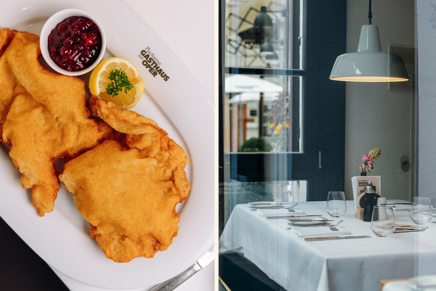 Collage zum Plachuttas Gasthaus zur Oper mit Inneneinrichtung und Schnitzel (c) Cyruz Media