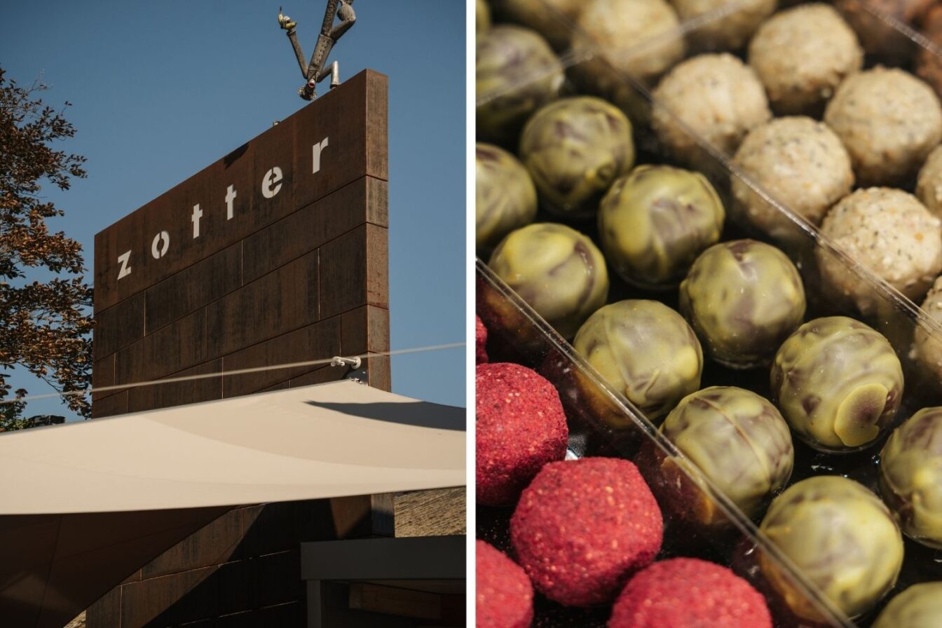 Zotter Schokoladen Manufaktur Schild und handgemachte Pralinen mit Kürbiskernfüllung