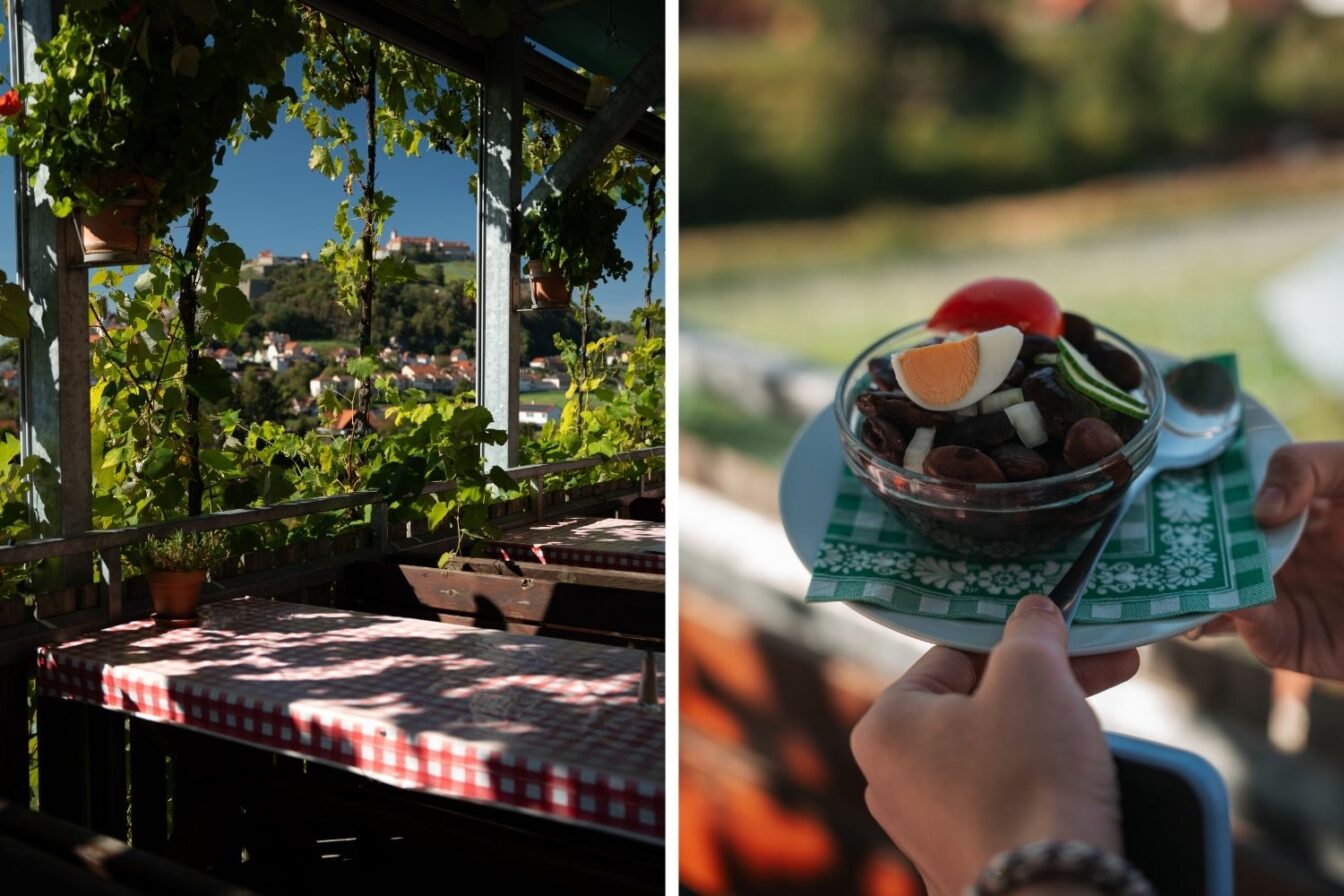 Steirischer Käferbohnensalat mit Kürbiskernöl und Blick auf die Riegersburg von einer Buschenschank-Terrasse