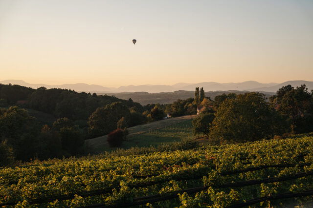 Heißluftballonfahrt im Sonnenuntergang über sanfte steirische Hügeln, Weinbergen und Bergpanorama