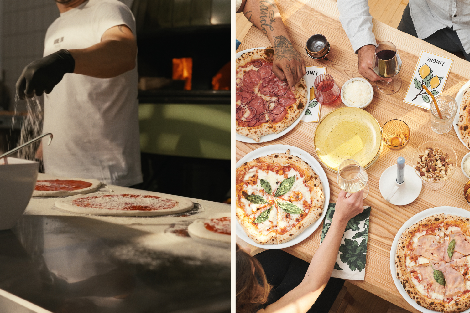 Collage mit links jemand bäckt Pizza im Restaurant und rechts sitzen Menschen Mit Pizza am Tisch (c) links: AMORE LOUI | Florian Purkarthofer, (c) rechts: (c) AMORE LOUI | Marion Luttenberger