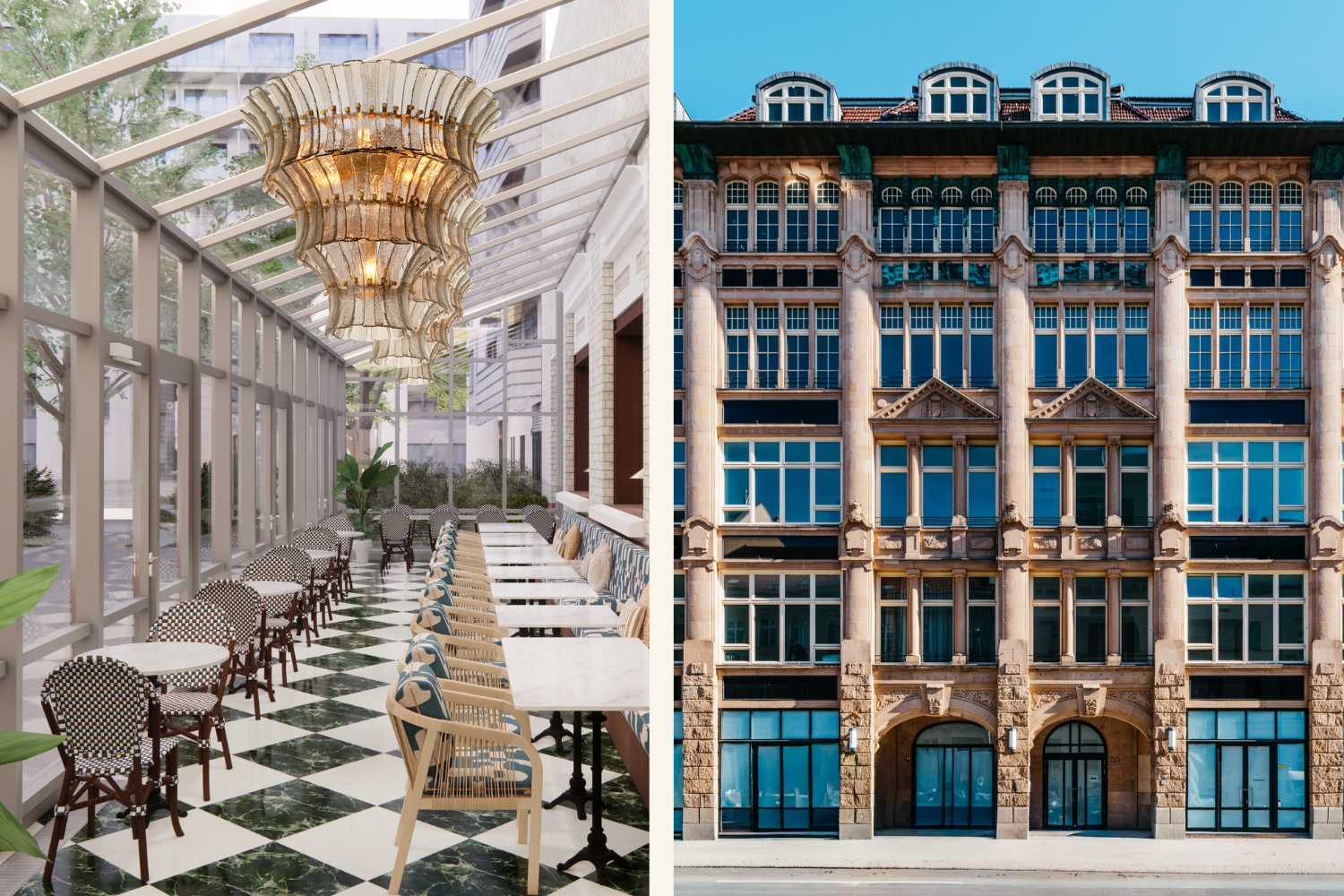 Collage vom DASEYN Hotel Berlin, links: Rendering (c) Harre Interior, rechts: (c) Yannes Pino Kiefer
