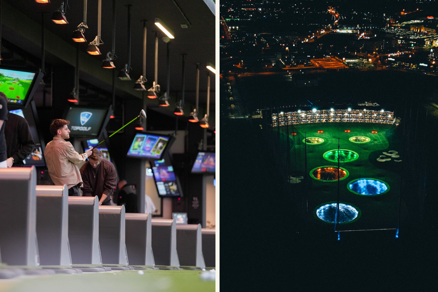 Collage von Topgolf Wien mit Abschlagplätzen und Außenfeld bei Nacht (c) Topgolf Wien