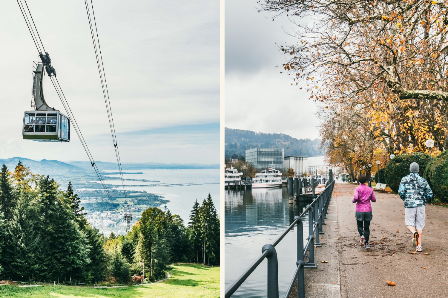 Collage zu Bregenz: Pfänder mit Bahn und Läufer:innen am Bodensee (c) visitbregenz